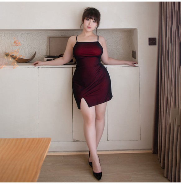 FEE ET MOI - Sexy Slit Spaghetti Strap Dress (Plus Size - Black Red)